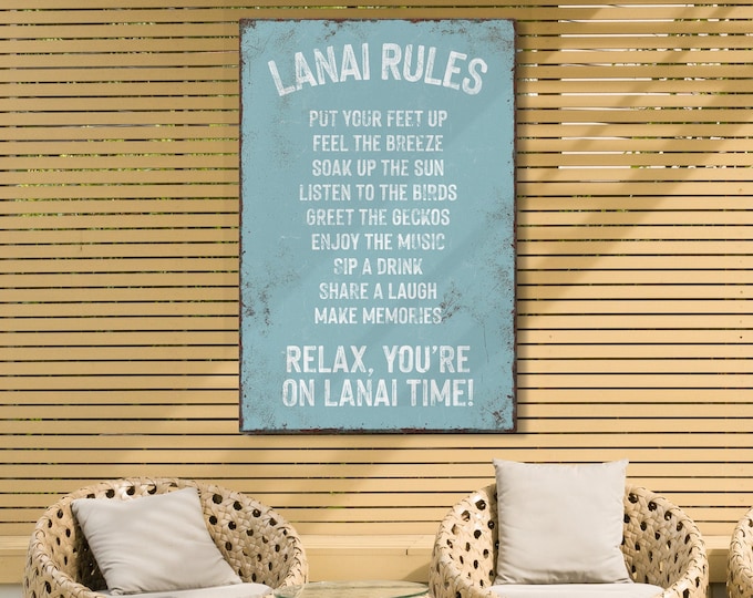 Tide Blue LANAI RULES SIGN, Fun Patio Decor for your Lanai, Rustic Pool Canvas Prints, Outdoor Aluminum Lanai Signs, Pool Gift for Her