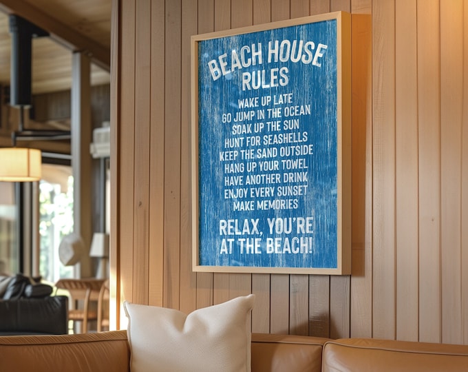 Ocean Blue BEACH HOUSE RULES Sign, Vintage Beach Canvas Print, Vacation Rental Beach Decor, Fun Beach Gift for Her, Blue and White Beach Art