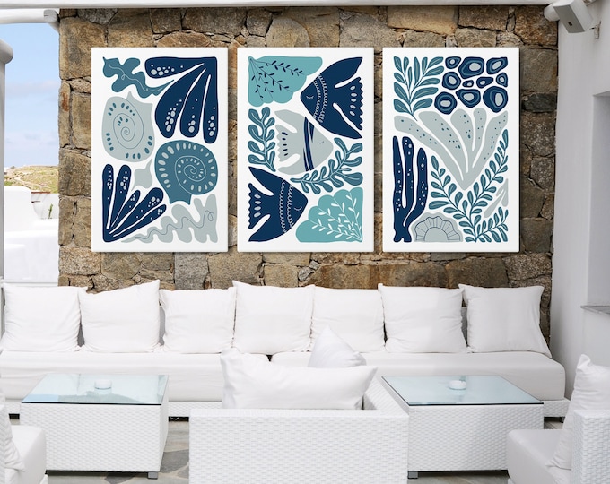 Ocean Blocks Triptych Wall Art, Sealife Canvas Print Set, Abstract Wall Art, 3 Piece Set, Outdoor or Indoor Options, Blue and Green • 303