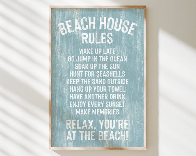 BEACH HOUSE RULES sign in tide blue, light blue beach canvas prints, vacation rental decor, outdoor beach patio wall art, fun beach signs