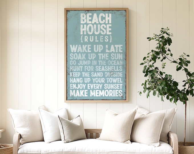 BEACH HOUSE RULES Sign in Tide Blue, Extra Large Beach Canvas Art Print, Distressed Beach Rules Poster, Gift for Beach Lovers