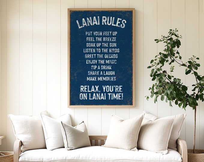 vintage LANAI RULES sign in nautical blue, lanai and patio decor, retro pool canvas prints, on lanai time signs, outdoor aluminum lanai sign