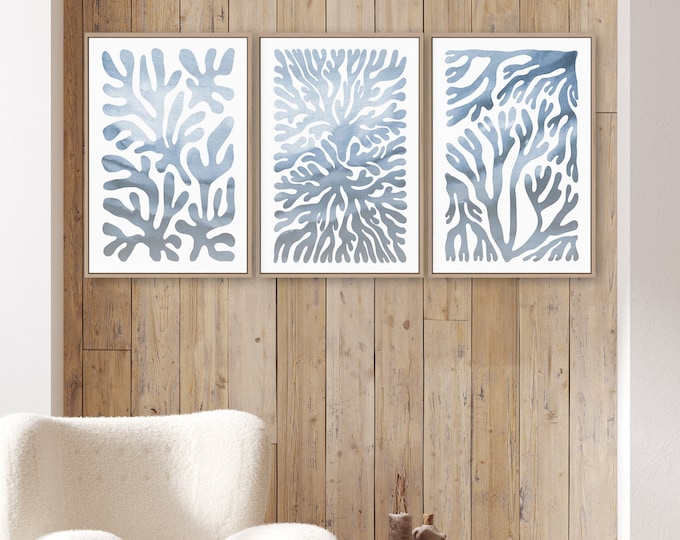 Coral Reef Triptych Set, Abstract Ocean Wall Art, 3 Piece Framed Canvas Print Set, Modern Beach Home Decor, Stormy Harbor • 323