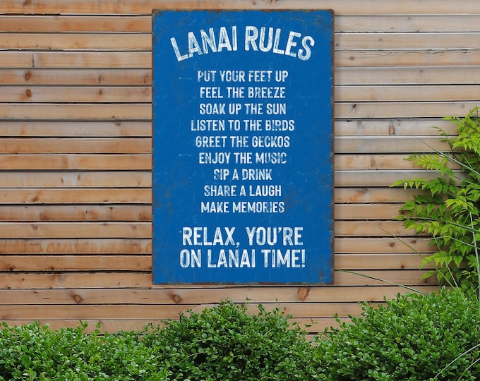 Rustic LANAI RULES Sign in Ocean Blue, Lanai and Patio Outdoor Decor, Retro Pool Canvas Prints, Printed on Aluminum Lanai Signs