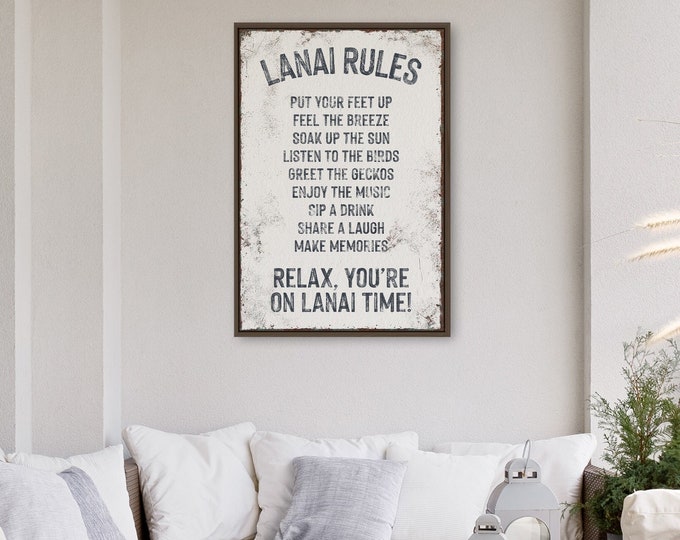 Vintage LANAI RULES Sign, Hale on White, Rustic Lanai Canvas Prints, Pool Gift for Her, Outdoor Lanai Wall Art, Gift for a New Pool Owner