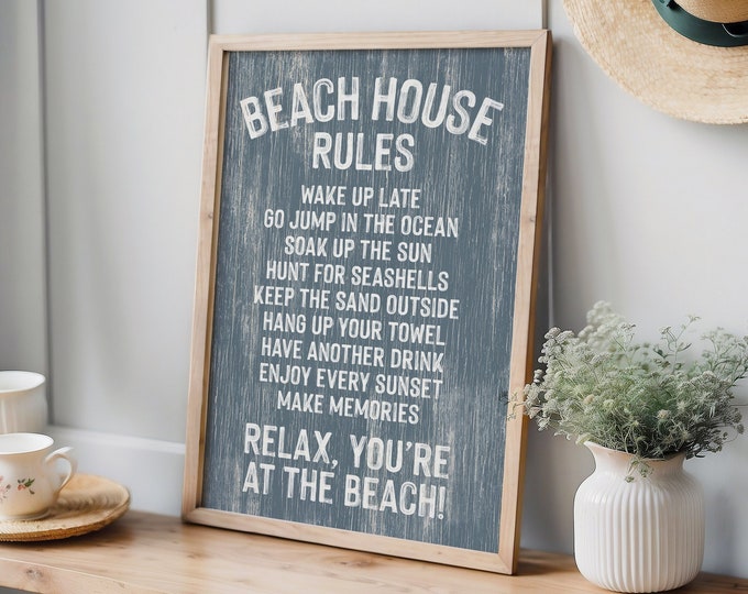 BEACH HOUSE RULES poster in harbor blue, vintage beach house decor, retro beach print, vacation rental decor, fun beach signs and wall art