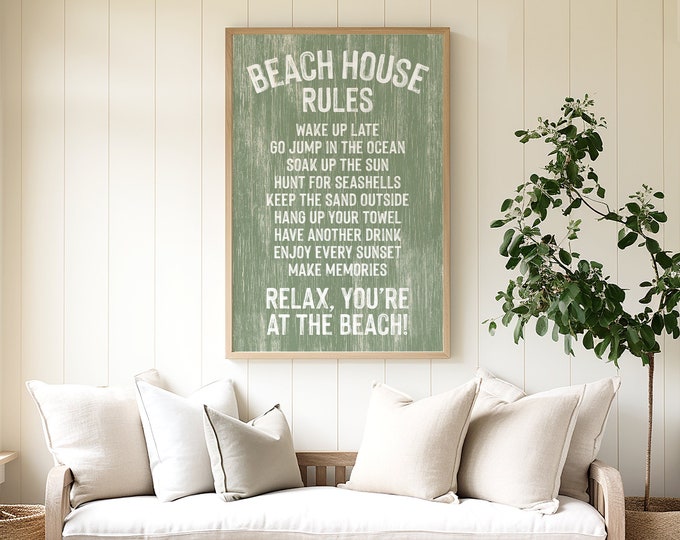 vintage BEACH HOUSE RULES sign in seagrass, green and white beach house decor, distressed faux wood beach house gift, vacation rental decor