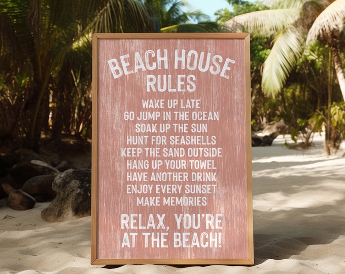 vintage BEACH HOUSE RULES sign in coral and white, beach house decor, distressed beach house art, vacation rental decor, fun beach posters