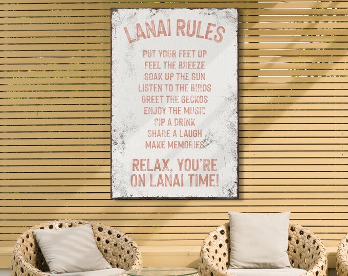 Coral on White LANAI RULES POSTER, Rustic Outdoor Lanai Decor, Signs for Tiki Bar, Lanai Signs Available on Aluminum, Canvas, or Paper
