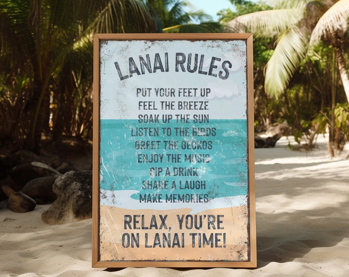 Vintage LANAI WALL DECOR, Lanai Rules Sign with Beach Background, Lanai Gift for Her, Cute Pool Art, Indoor Outdoor Lanai Signs