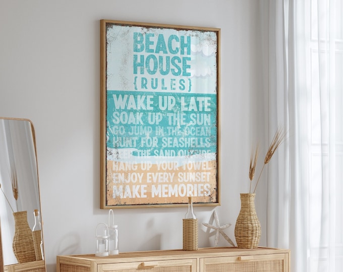 Tropical BEACH HOUSE RULES Canvas Print, Extra Large Beach House Decor, Retro Vintage Poster for Vacation Home or Condo Decor, Beach Ombre