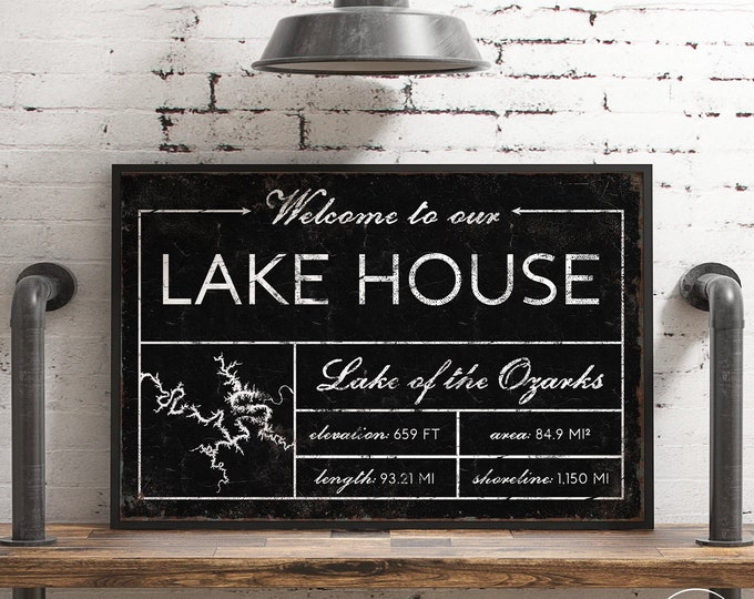 Welcome to our LAKE HOUSE sign, vintage Lake of the Ozarks canvas for above couch, extra large framed modern farmhouse decor wall art print