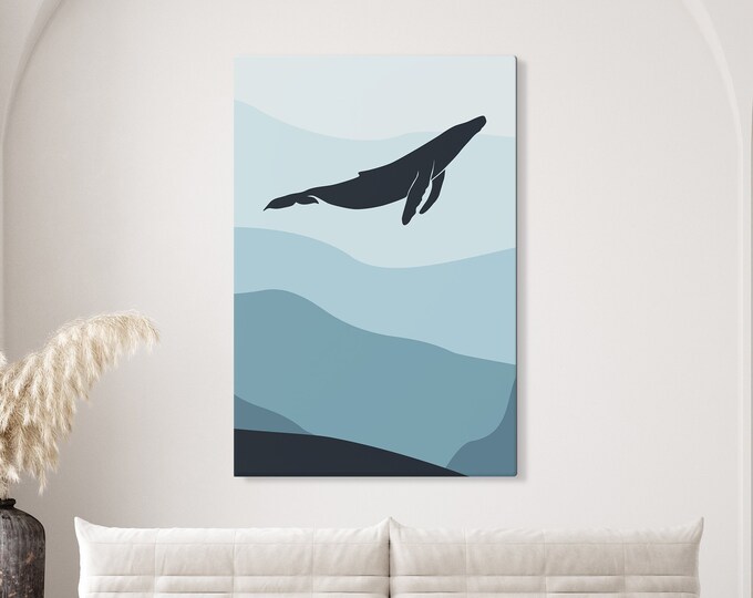 Whale and Underwater Waves Abstract Wall Art for Beach Home or Vacation Condo Decor, Extra Large Modern Ombre Blue Beach Canvas {031B)