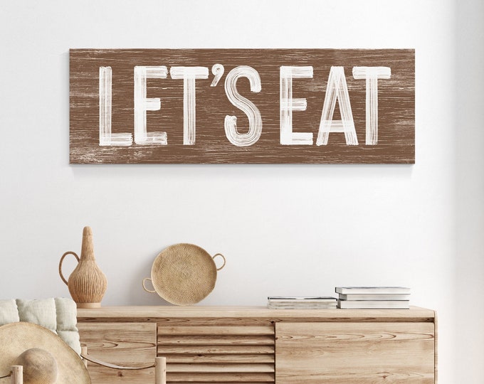 LET'S EAT Sign in Dark Brown, faux weathered wood, seasonal wall art, holiday wall print, vintage farmhouse, long horizontal wall art