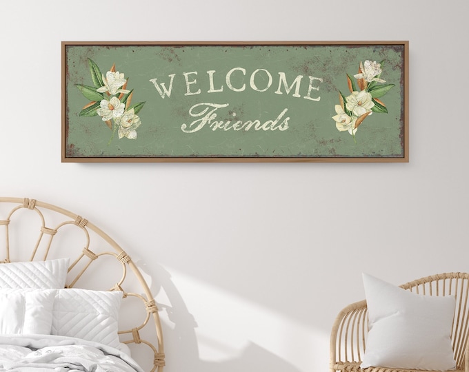Vintage Seagrass Green Magnolia Welcome Canvas • Retro WELCOME FRIENDS Wall Art • Modern Farmhouse Spring Decor, Antique Flower Sign
