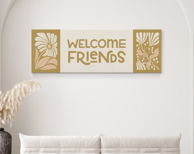 Boho Abstract Flower Wall Art • Retro Floral WELCOME FRIENDS Sign • Neutral Spring Decor, Saffron Yellow, Salmon Pink, and Ivory Cream