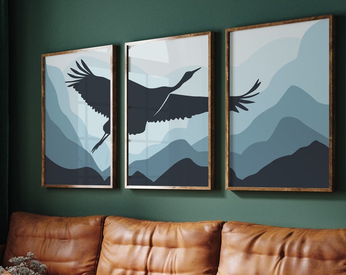Large Blue Wall Art, Mountain Sky Landscape with Crane, Abstract Blue Wall Art, 3 Piece Set, Triptych Home Decor for Modern Farmhouse • 032