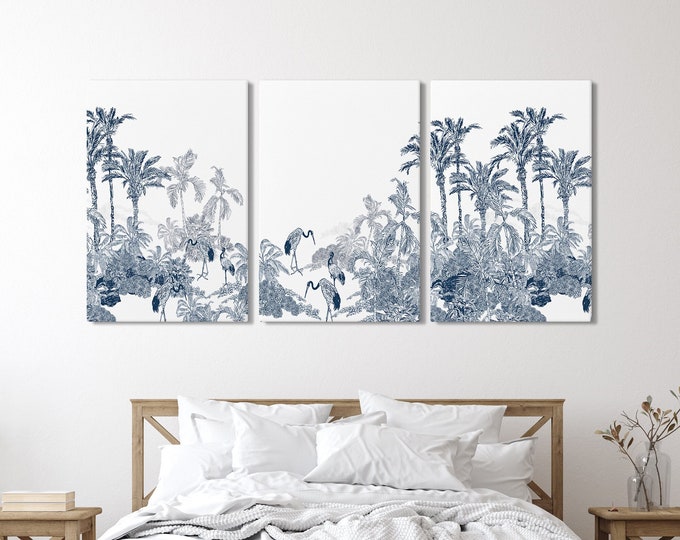 Triptych Tropical Panorama, Framed 3 Piece Set, Vintage Lithograph, Modern Home Decor, Modern Farmhouse,  Toile Nautical • 005