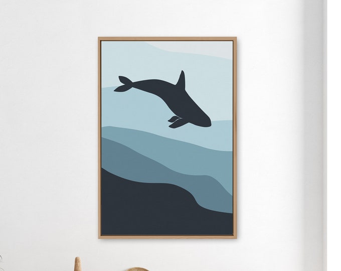 Whale and Underwater Waves Abstract Wall Art for Beach Home or Vacation Condo Decor, Extra Large Modern Ombre Blue Beach Canvas {031A)