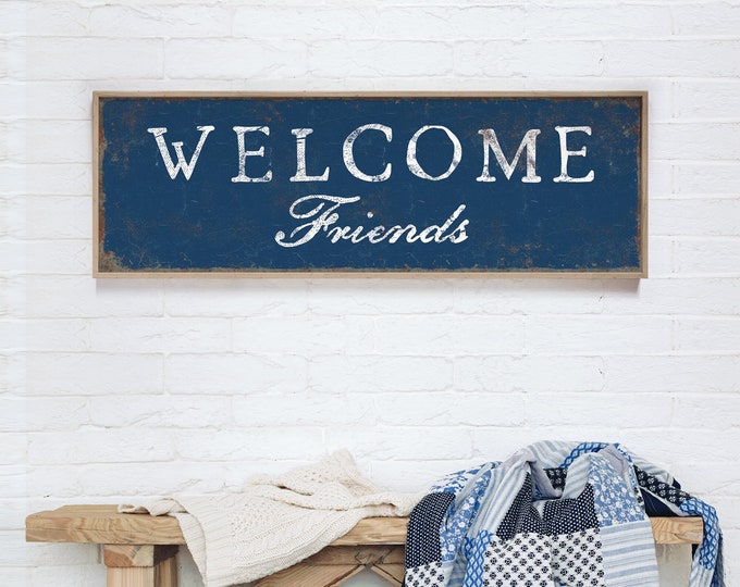 Nautical Welcome Sign • Navy Blue WELCOME FRIENDS Print • Extra Large Canvas Wall Art Print • Rustic Metal Lake House Decor