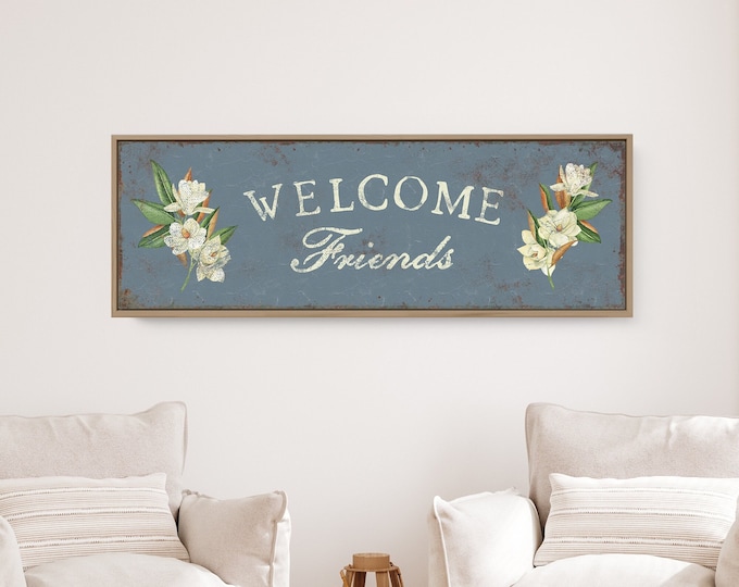 Vintage Harbor Blue Magnolia Welcome Canvas • Retro Dusty Blue WELCOME FRIENDS Wall Art • Modern Farmhouse Spring Decor, Antique Flower Sign