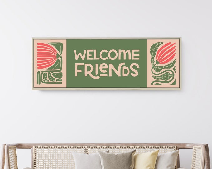 Boho Abstract Flower Wall Art • Retro Floral WELCOME FRIENDS Sign • Modern Spring Decor, Grass Green, Vibrant Coral Tones