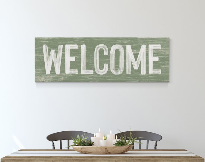 WELCOME Sign in Seagrass Green, Faux Weathered Wood, Modern Farmhouse Wall Art, Vintage Welcome Sign, Long Horizontal Wall Art