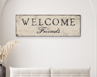 Antique Ivory WELCOME FRIENDS Sign for Entryway or Foyer • Rustic Welcome Canvas or Aluminum Print • Large Vintage Metal Farmhouse Wall Art