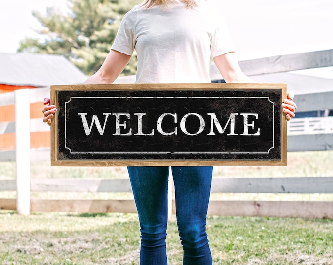 Large Skinny WELCOME SIGN, Rusty Edge on Black, Rustic Welcome Print, Modern Farmhouse Decor, Welcome Porch Wall Art, Farmhouse Gift for Her