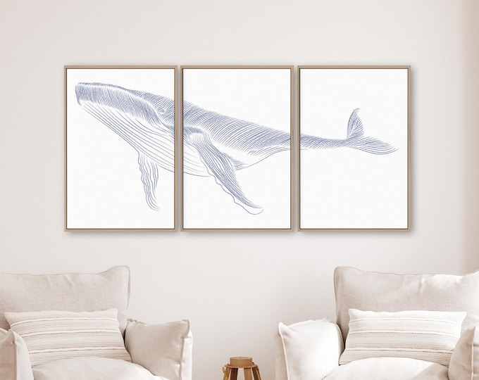 Whale Triptych Wall Art, Whale 3 Piece Framed Set, Minimalist Dotted Beach House Decor, Large Ocean Wall Decor, Whale Set of 3 Canvas Prints