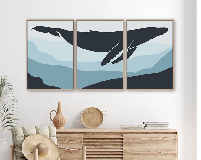 Triptych Wall Art, Large Blue Whale, Underwater Landscape, Abstract Blue Wall Art, 3 Piece Set, Modern Home Decor for Modern Farmhouse • 030