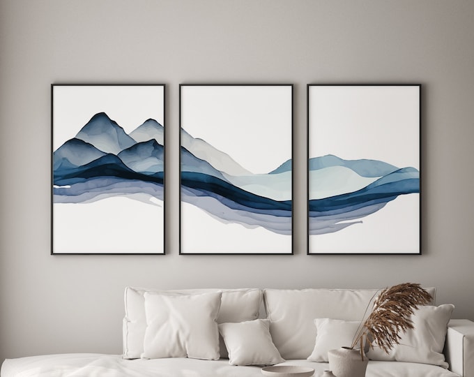 Triptych Wall Art, Mountain Landscape, Abstract Wall Art, 3 Piece Set, Modern Home Decor, Modern Farmhouse, Mountain Range Blue • 007