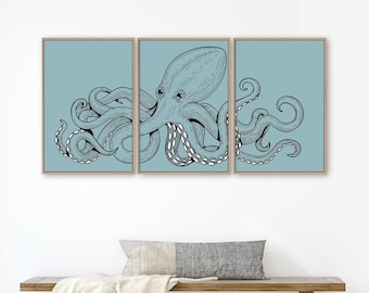 Octopus Triptych, Octopus 3 Piece Framed Set, Retro Octopus Canvas Prints, Large Ocean Wall Art, Patio Decor Outdoor, Black on Tide 01