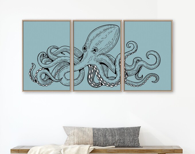Octopus Triptych, Octopus 3 Piece Framed Set, Retro Octopus Canvas Prints, Large Ocean Wall Art, Patio Decor Outdoor, Black on Tide 01