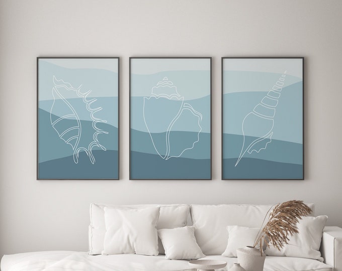 Seashells and Waves Abstract, Large Blue Wall Art, 3 Piece Set, Minimalist Triptych for Modern Beach Home Decor • 034