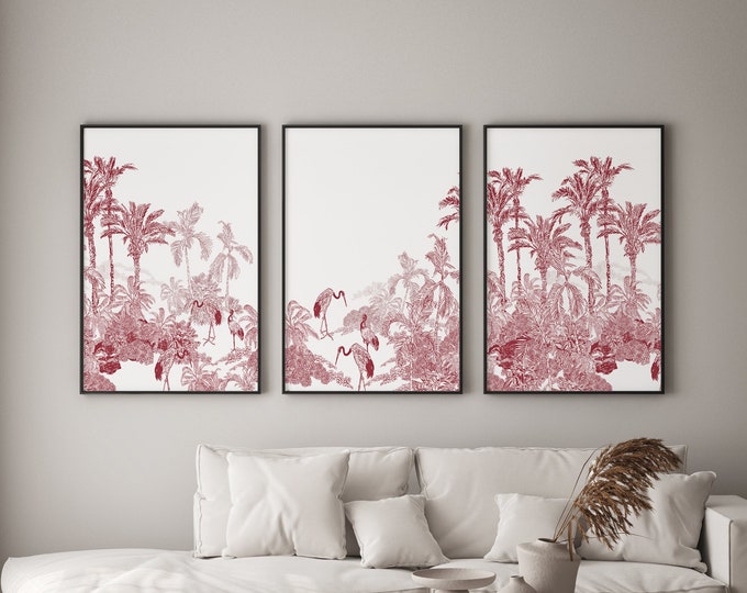Triptych Tropical Panorama, Framed 3 Piece Set, Vintage Lithograph, Modern Home Decor, Modern Farmhouse,  Toile Dark Red • 004