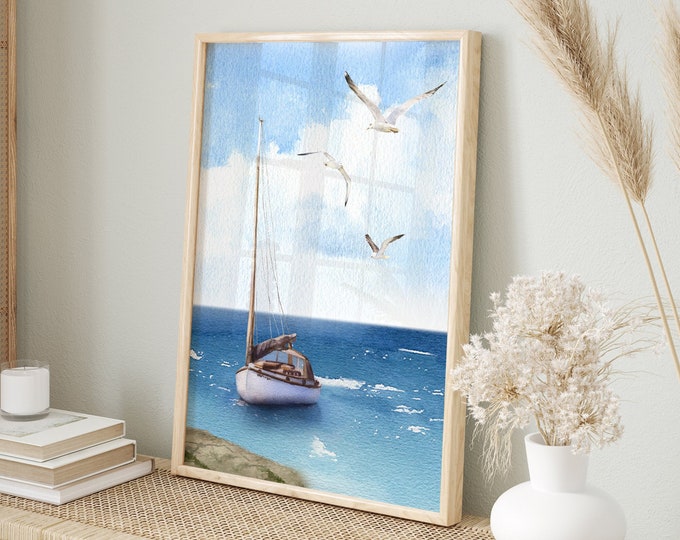 Coastal Seascape Print with Sailboat, Boat on Ocean with Flying Seagulls, Retro Seascape Wall Art, Gift for Sailor, Nautical Wall Decor