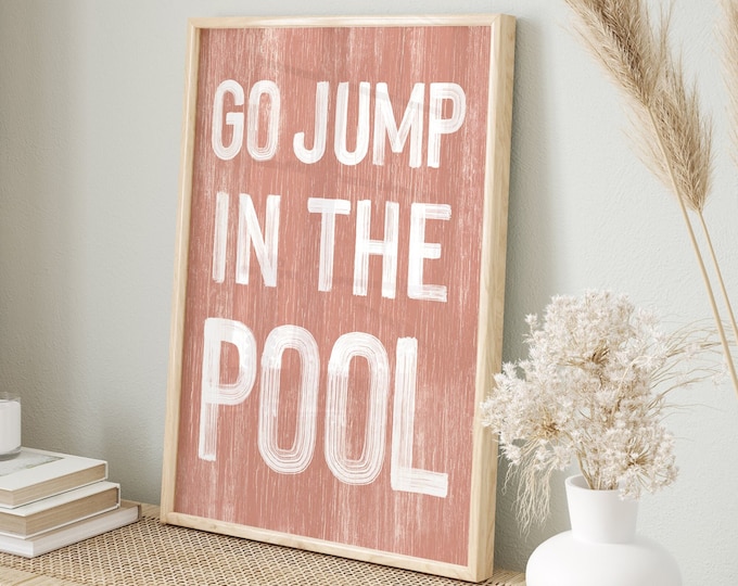 Go jump in the POOL sign > Coral Pink VACATION RENTAL decor, coastal wall art, faux vintage wood canvas print, modern farmhouse