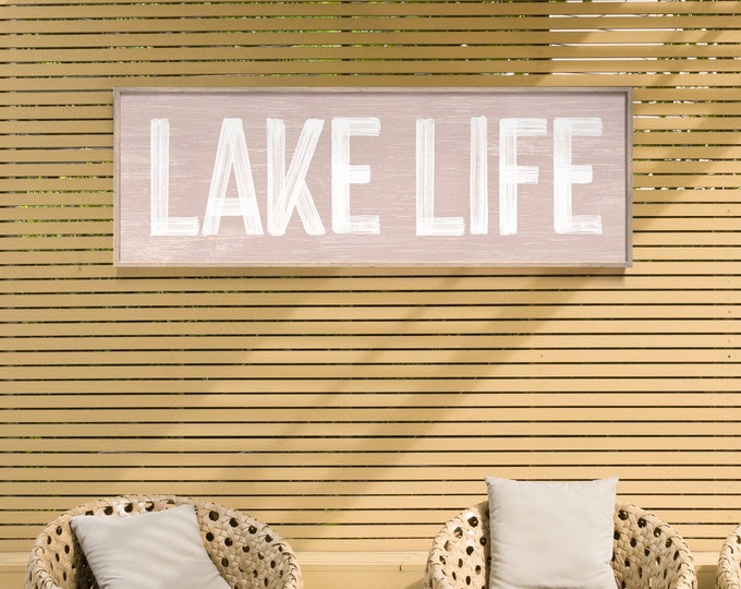 Vintage Lake Life Wall Art in Shell Pink - Faux Weathered Wood - Lake House Decor - Farmhouse Lake Sign - Long Skinny Print {pwo}