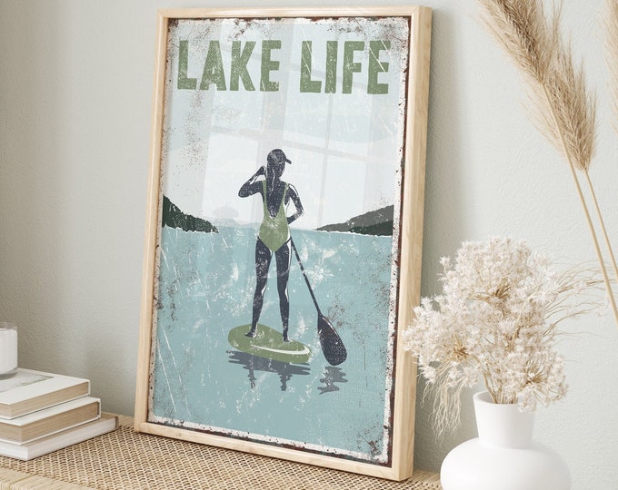 vintage "LAKE LIFE" sign with GREEN accent > paddleboarding poster for vintage lake house decor, female paddle boarder, modern farmhouse
