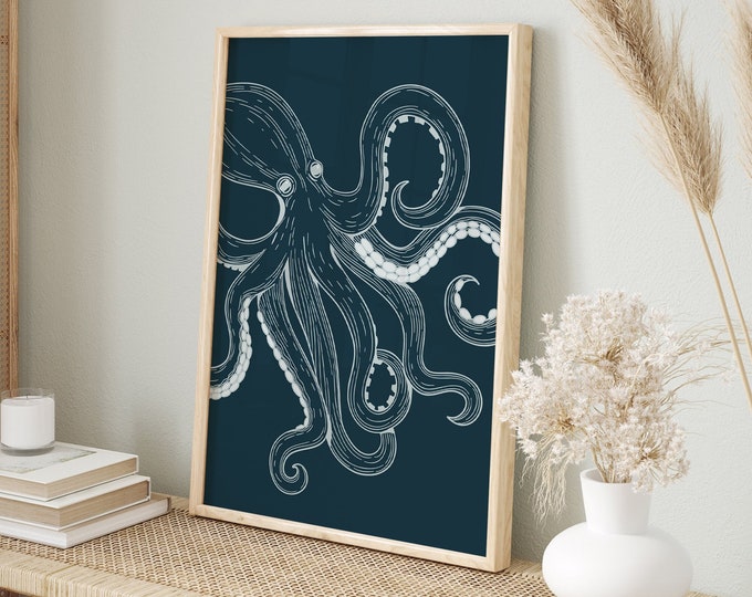 Vintage Octopus Wall Art, Gift for Ocean Lover, Coastal Wall Decor, Octopus Canvas Prints, Luxury Canvas Art, Smoke on Indigo 06