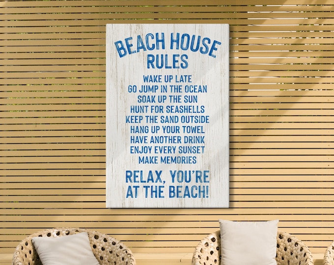Vintage BEACH HOUSE RULES Sign, Ocean Blue on White, Painted Words on White, Beachy Gift for Her, Farmhouse Beach Decor, Cute Beach Wall Art