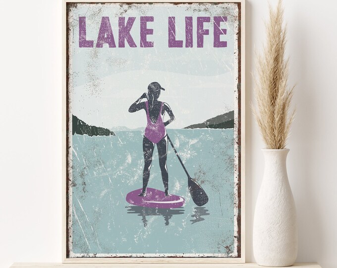vintage LAKE LIFE sign with PURPLE accent > paddleboarding poster for vintage lake house decor, female paddle boarder, modern farmhouse