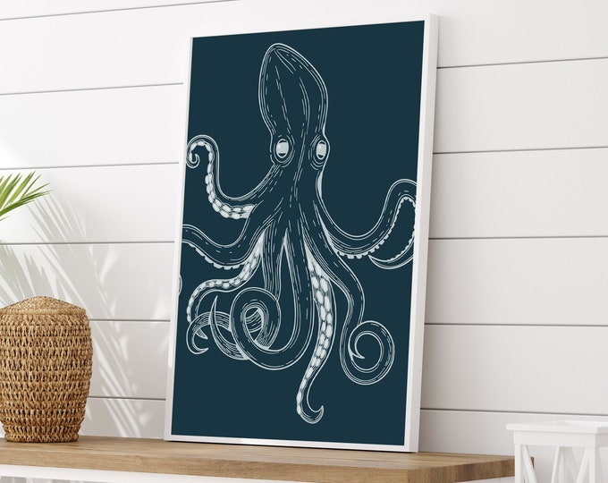 Vintage Octopus Wall Prints, Gift for Octopus Lover, Octopus Wall Art Outdoor Indoor, Ocean Canvas Prints, Kraken Art, Smoke on Indigo 05
