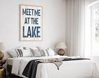 Vintage "Meet Me at the Lake" Sign, Nautical Navy on White, Retro Lake Canvas Print for Lake Home Decor, Gift for Housewarming, Lake Art