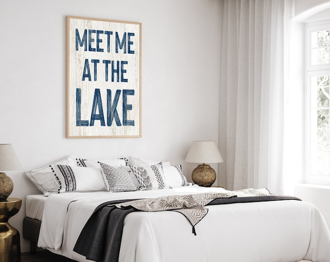 Vintage "Meet Me at the Lake" Sign, Nautical Navy on White, Retro Lake Canvas Print for Lake Home Decor, Gift for Housewarming, Lake Art