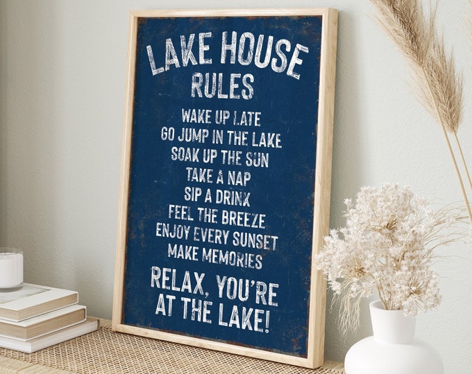Vintage "LAKE HOUSE RULES" Sign, Navy Blue Lake Canvas Print, Coastal Lake House Decoration, Distressed Lake Wall Art, Vacation Rental Decor