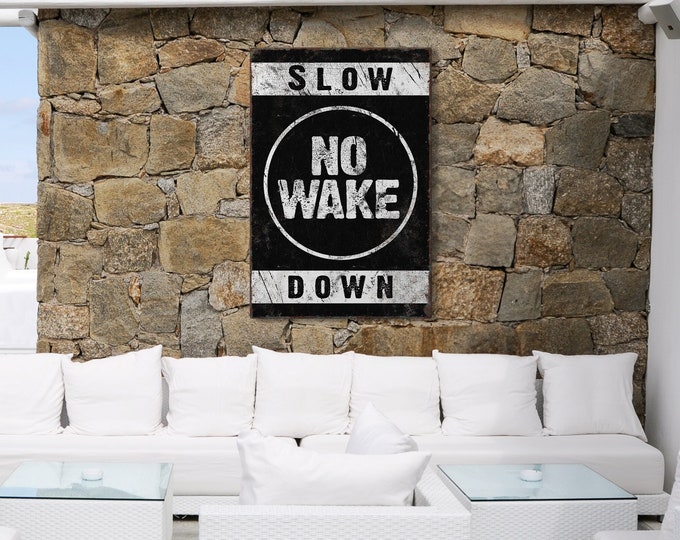 Black and White NO WAKE Sign, Large Canvas Print for Coastal Wall Decor, Vintage Black "Slow Down" Beach Poster, Boating Gift for Him