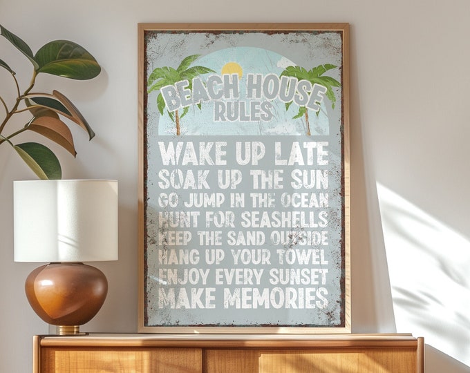 BEACH HOUSE RULES Poster in Smoke Gray, Beach Rules Sign with Palm Trees, Beach Gift for Her, Vacation Rental Beach Decor, Cute Beach Art