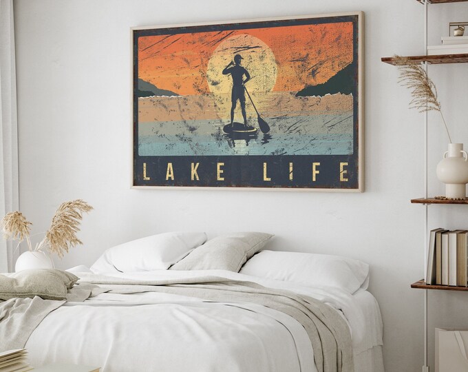 Vintage LAKE LIFE Sunset Paddleboarding Sign, Retro Lake Signs for Lake House Decor, Male Paddle Boarder Canvas Print, Lake Gift for Him